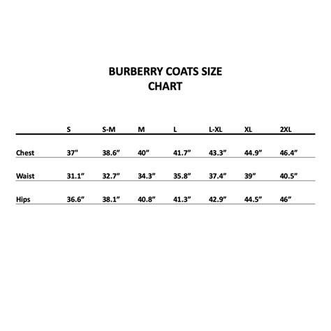 Burberry trench coat measurement chart